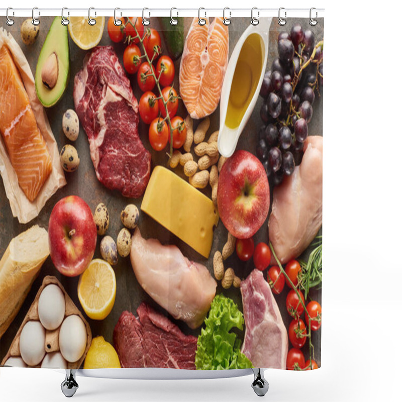 Personality  Top View Of Assorted Meat, Poultry, Fish, Eggs, Fruits, Vegetables, Cheese, Olive Oil And Baguette Shower Curtains