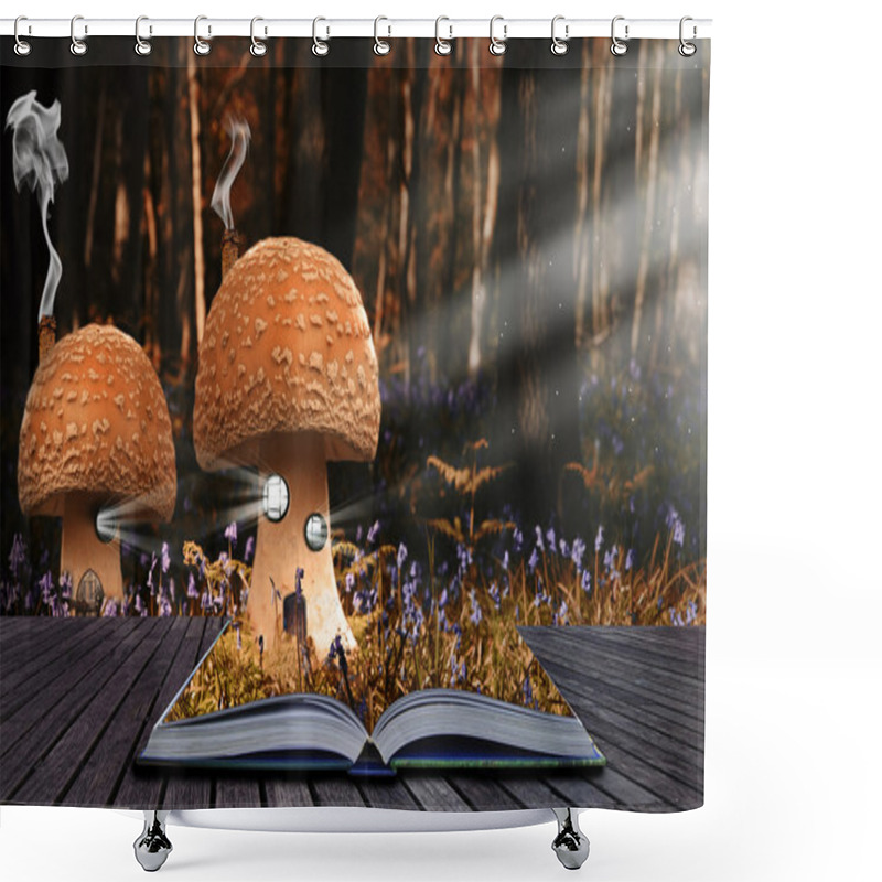 Personality  Magical Book With Contents Spilling Into Landscape Background Shower Curtains