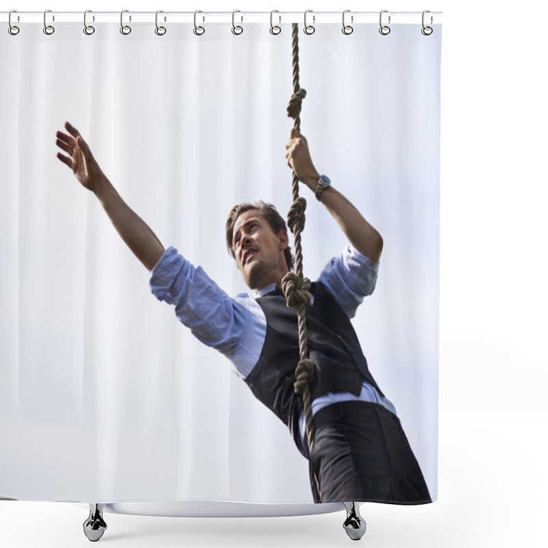 Personality  Determined Businessman Climbing A Rope, Reaching Shower Curtains