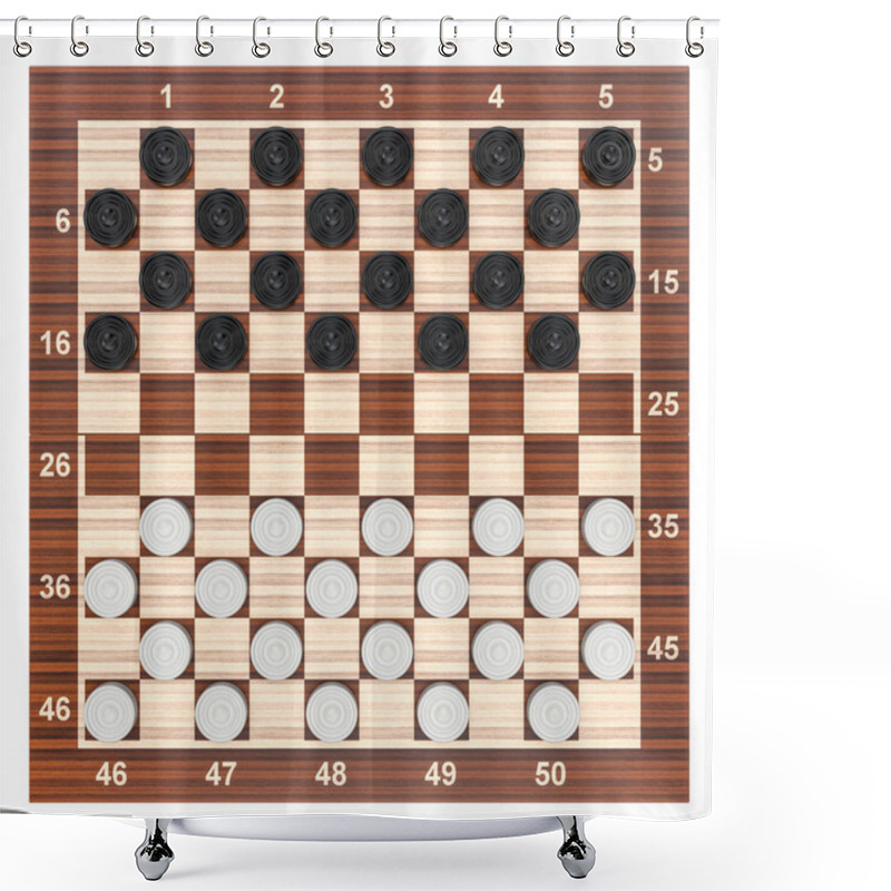 Personality  Checkers Game Board And Pieces, Top View. 3D Rendering Shower Curtains