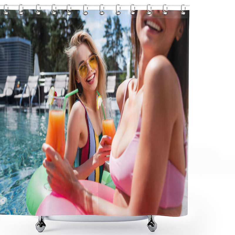 Personality  Laughing Woman In Swimsuit And Sunglasses Holding Cocktail Near Blurred Friend In Pool Shower Curtains