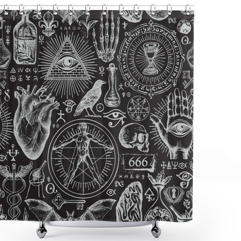 Personality  Abstract Hand-drawn Seamless Pattern On A Theme Of Occultism, Satanism And Witchcraft In Vintage Style. Monochrome Vector Background With Ominous Sketches. Chalk Drawings On A Black Backdrop Shower Curtains