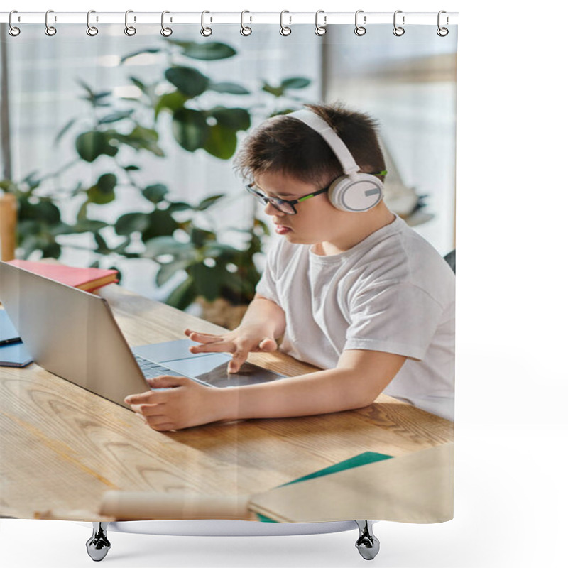 Personality  A Adorable Boy With Down Syndrome Wearing Headphones Is Engrossed In Using A Laptop At Home. Shower Curtains