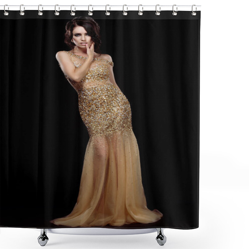 Personality  Elegance. Aristocratic Lady In Golden Long Dress Over Black Background Shower Curtains