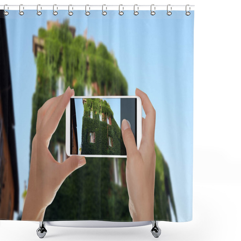 Personality  A Man Is Making A Photo Of The Building Is Completely Overgrown With Vine Lightly In Trastevere District, Rome, Italy On A Mobile Phone Shower Curtains