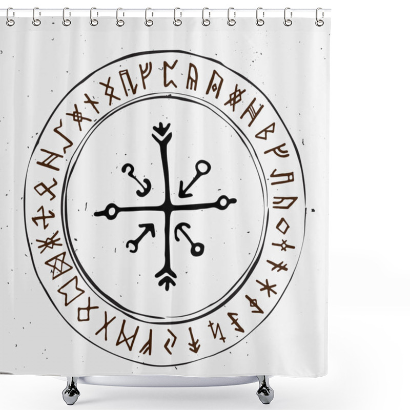 Personality  Futhark Norse Islandic And Viking Runes Set. Magic Hand Draw Symbols As Scripted Talismans. Vector Set Of Ancient Runes Of Iceland. Galdrastafir, Mystic Signs Of Early North Magic. Ethnic Norse Viking Shower Curtains