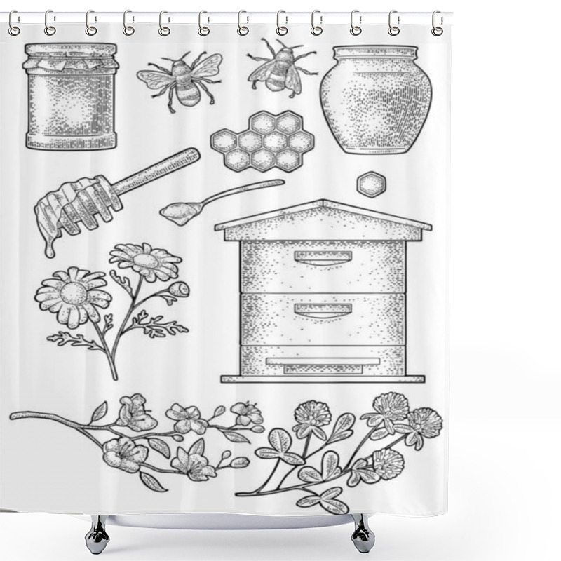 Personality  Honey Set. Jars, Bee, Hive, Spoon, Honeycomb, Clover, Cherry Branch And Honeycomb. Vector Vintage Black Engraving Illustration. Isolated On White Background Shower Curtains