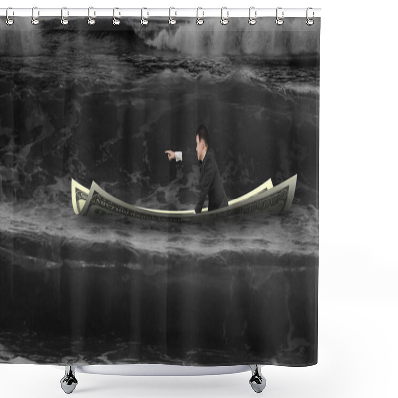 Personality  Businessman With Pointing Finger Gesture Sitting On Money Boat Shower Curtains