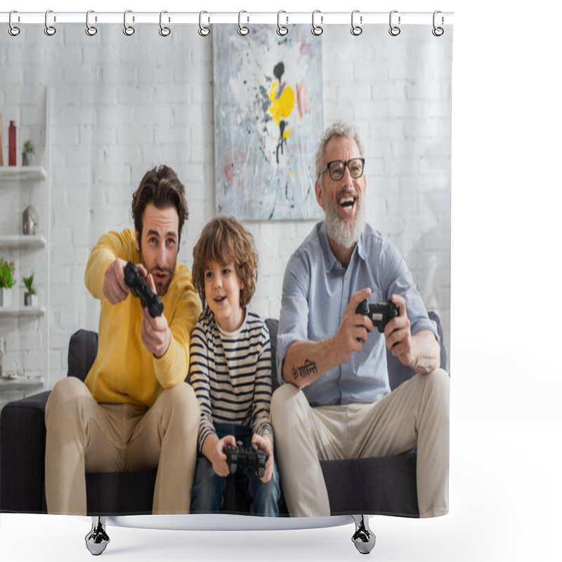 Personality  KYIV, UKRAINE - APRIL 12, 2021: Smiling Kid Playing Video Game With Father And Grandfather  Shower Curtains