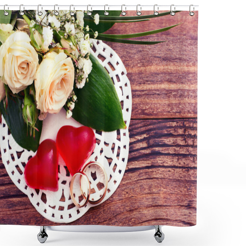 Personality  Bridal Bouquet Of White Flowers On Wooden Surface. Shower Curtains