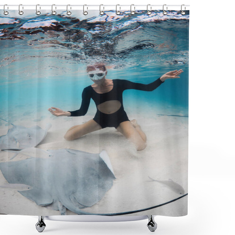 Personality  Woman Swimming With Stingrays In Maldives. Sting Ray And Woman Underwater In Blue Ocean Shower Curtains