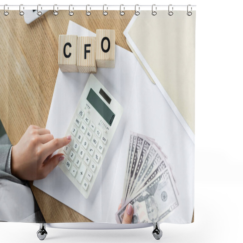 Personality  Top View Of Chief Financial Officer Using Calculator And Holding Dollars Near Cubes With Cfo Lettering  Shower Curtains