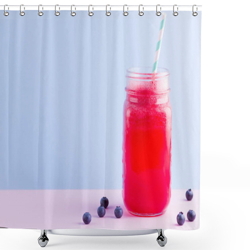 Personality  Watermelon Smothie In Mason Jar With Slices Of Watermelon. Watermelon Smoothies And Blueberries On Pink Blue Background. Healthy Drink For Vegan. Copy Space Shower Curtains