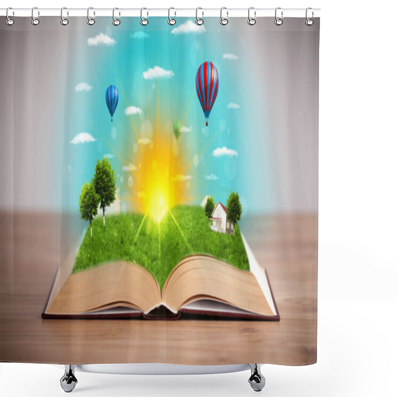 Personality  Open Book With Green Nature World Coming Out Of Its Pages Shower Curtains