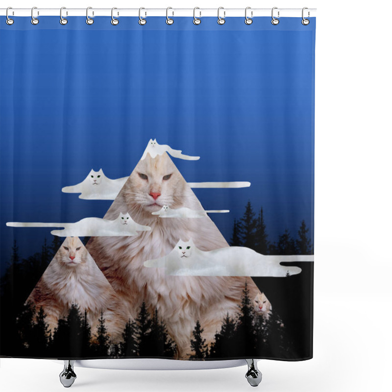 Personality  Funny, Serious Cat In Image Of Mountains Over Night Sky. Volcano. Abstract Art. Contemporary Art Collage. Concept Of Surrealism, Futurism, Creativity, Animals, Imagination. Ad. Creative Design Shower Curtains