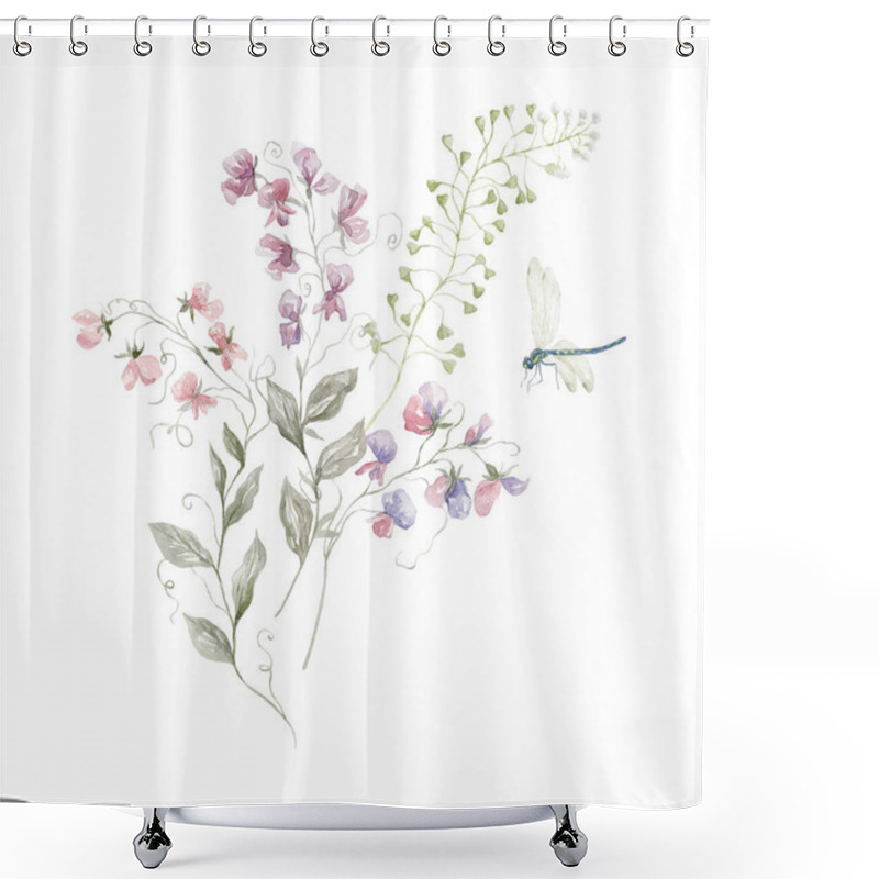 Personality  Watercolor Bouquet With Wildflowers. Pink Florals. Design For Card On The White Background. Shower Curtains