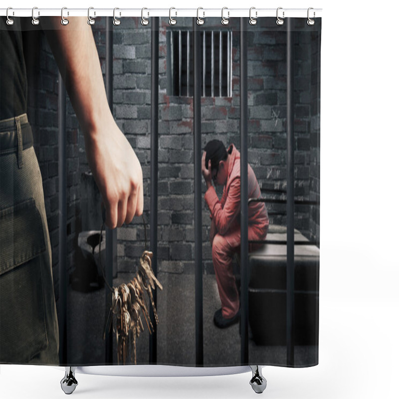 Personality  Prison Guard With Keys Outside Dark Prison Cell Shower Curtains