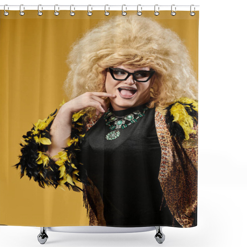 Personality  A Queer Person In Stylish Attire Poses With A Sassy Expression Against A Yellow Backdrop. Shower Curtains