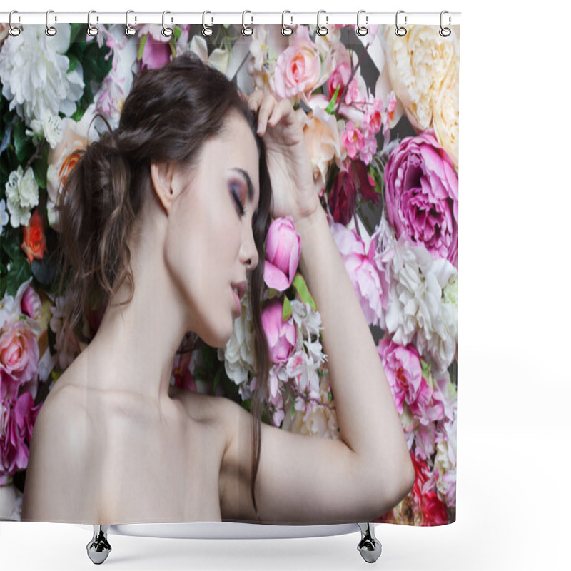 Personality  Portrait Of Beautiful Fashion Girl, Sweet, Sensual. Beautiful Makeup And Messy Romantic Hairstyle. Flowers Background. Green Eyes. Shower Curtains