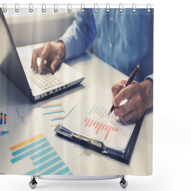 Personality  Businessman Analyzing Annual Business Report With Using Laptop At Office Desk Shower Curtains