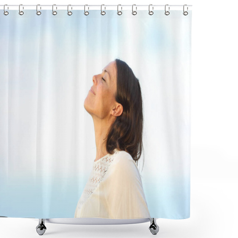 Personality  Side View Portrait Of A Satisfied Adult Woman Breathing Fresh Air Standing On A Beach In Summer Shower Curtains