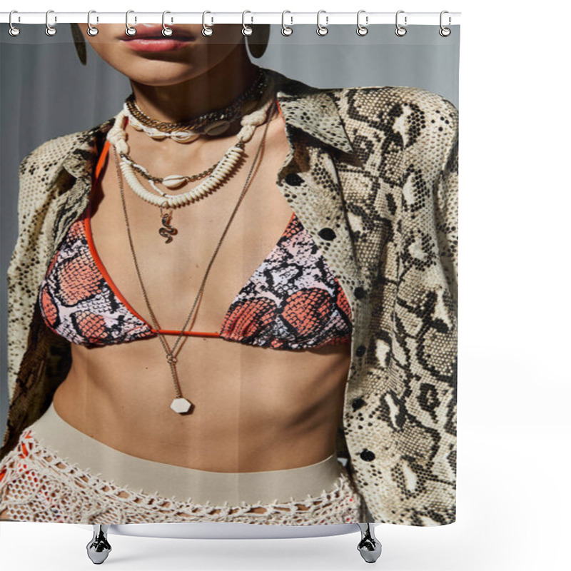 Personality  Blonde Woman Exudes Style In Snake Print Bikini Top And Necklace. Shower Curtains