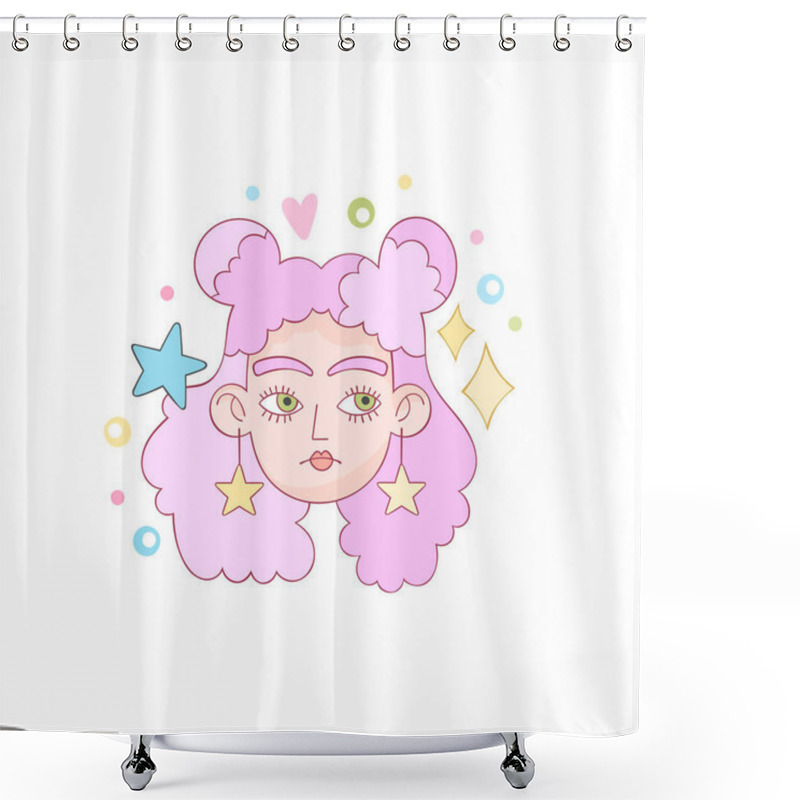 Personality  Beautiful Girl. Cartoon Character. Crazy Hairstyle Model Art. Hearts, Stars, Dots And Sparkles. Isolated Vector Object On White Background. Shower Curtains