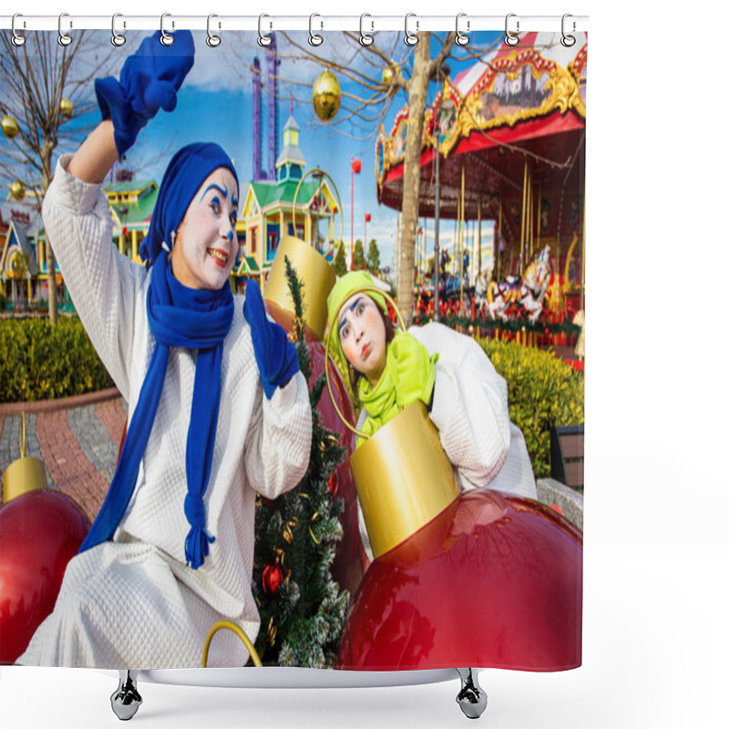 Personality  Sochi, Russia - 20.12.2018 Animators In Costumes Of Snowmen Posing For The Camera. Amusement Park. Sochi Park Attraction. New Year. Decoration And Gifts. Christmas Tree. Christmas Decorations. Shower Curtains