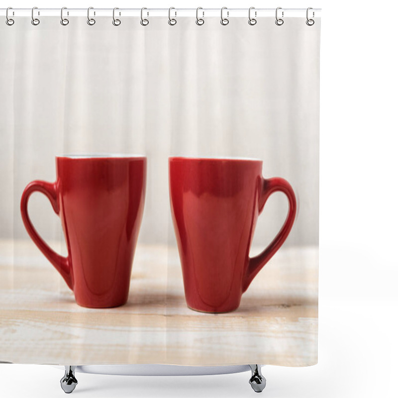 Personality  Two Red Cups Of Coffee On A Light Brown Background. Front View. Copy Space Shower Curtains