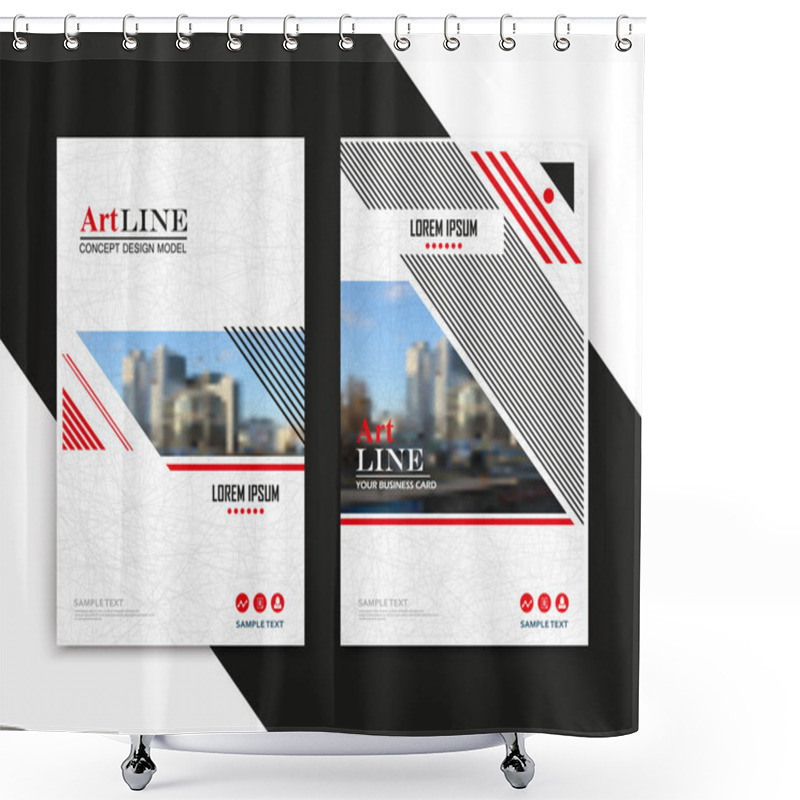 Personality  Abstract Text Frame Surface. White, Red A4 Brochure Cover Design. Urban City View Title Sheet Model. Creative Vector Front Page. Ad Banner Form Texture. House Figure Icon. Flyer Fiber Font. Art Line Shower Curtains