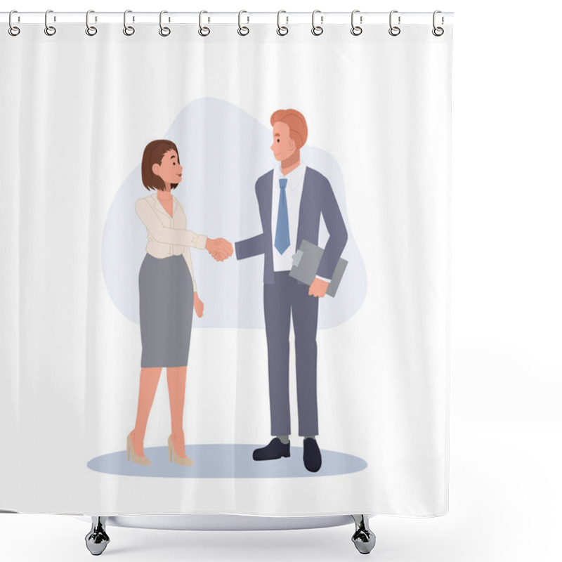 Personality  Man And Woman Shaking Hands Achievement In Deal. Office Workers Shaking Hands, Contract, Teamwork, Partnership.Vector Illustration. Shower Curtains