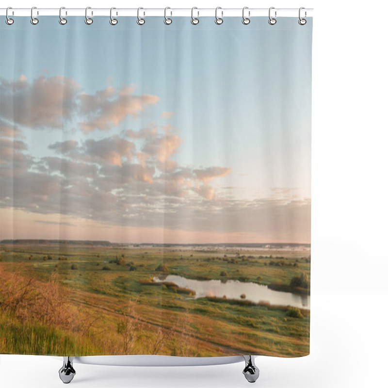 Personality  Misty Sunrise Over A River And A Field Of Grass With Path On It Shower Curtains