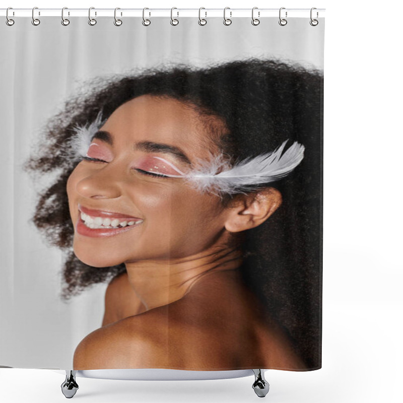 Personality  A Young Woman With Curly Hair Radiates Joy In A Bold Red Ensemble, Adorned With Feathers, Against A Soft Grey Backdrop. Shower Curtains