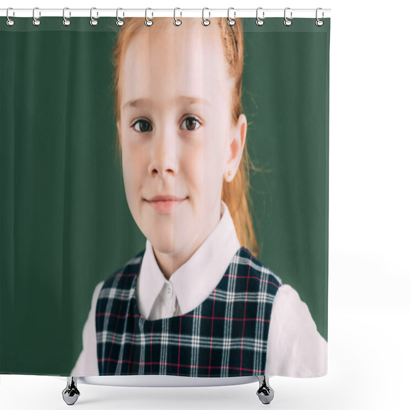 Personality  Close-up Portrait Of Beautiful Little Red Haired Schoolgirl Smiling And Looking At Camera Shower Curtains