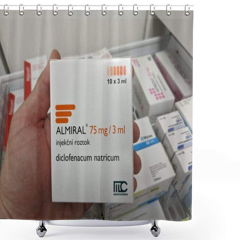 Personality  Prague,Czech Republic-October 9 2024: ALMIRAL By MEDA Contains DICLOFENAC, A Nonsteroidal Anti-inflammatory Drug (NSAID) Used To Relieve Pain And Inflammation In Conditions Like Arthritis, Muscle Pain Shower Curtains