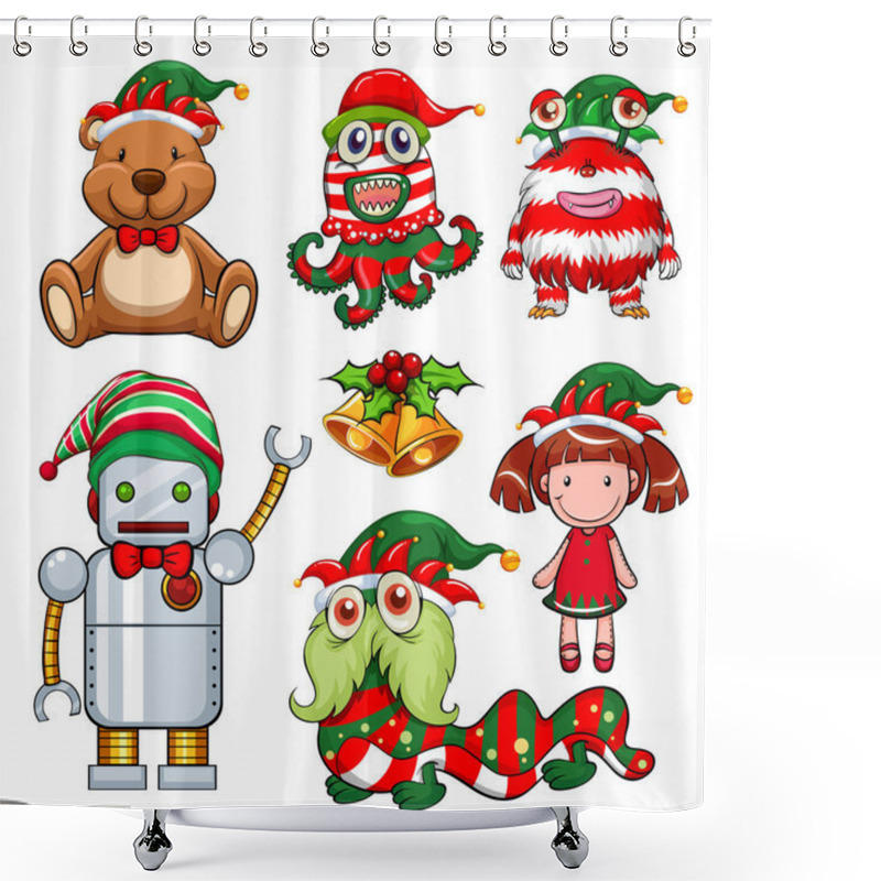 Personality  Christmas Theme With Toys In Party Hat Shower Curtains