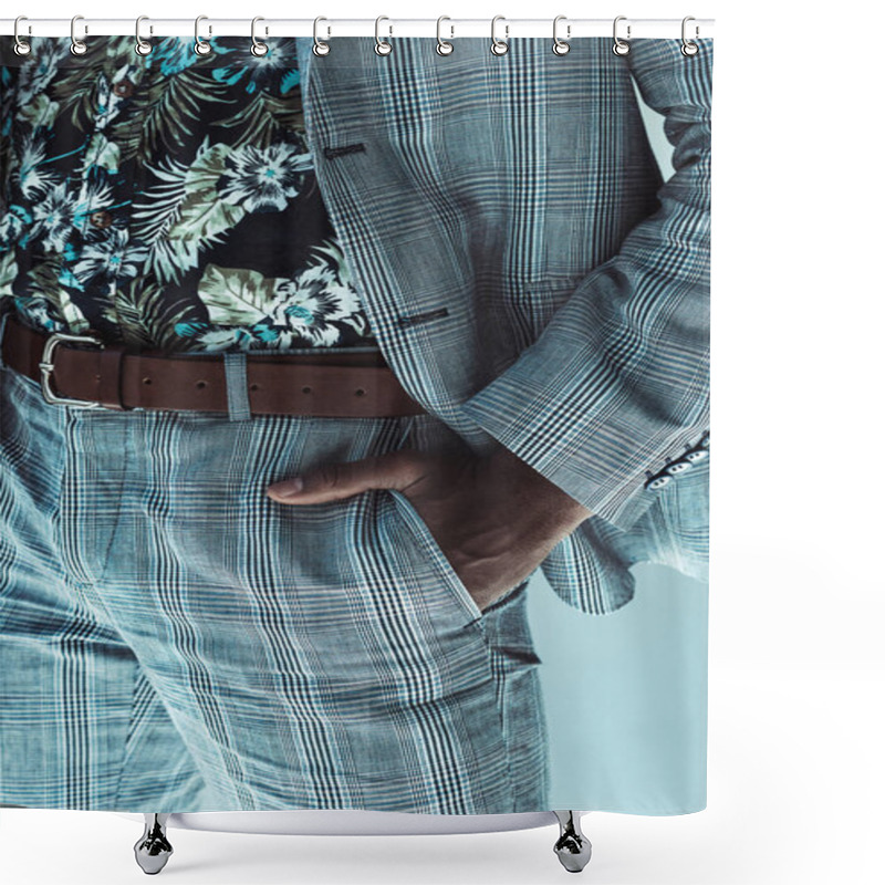 Personality  Man In Suit With Hand In Pocket Shower Curtains