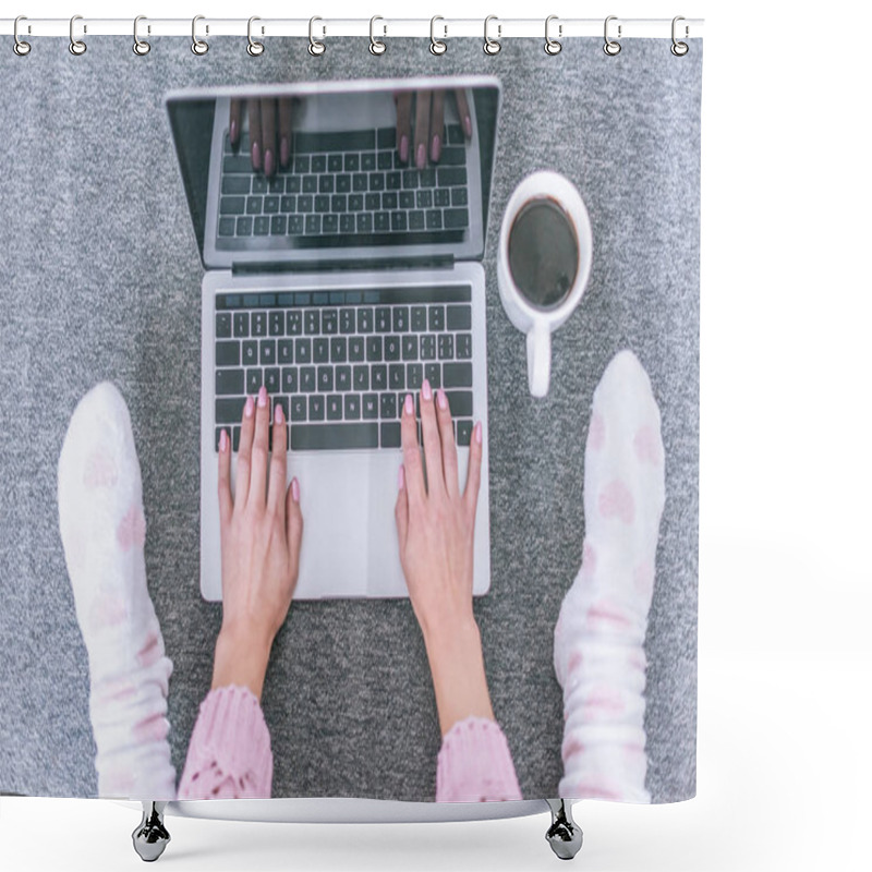 Personality  Top View Of Female Blogger Typing On Laptop Keyboard Near Cup Of Coffee Shower Curtains