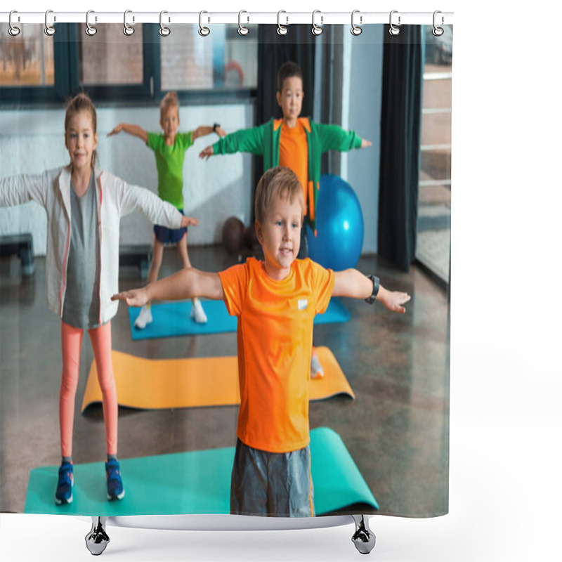 Personality  Selective Focus Of Multiethnic Children Doing Exercise With Outstretched Hands On Fitness Mats In Gym Shower Curtains