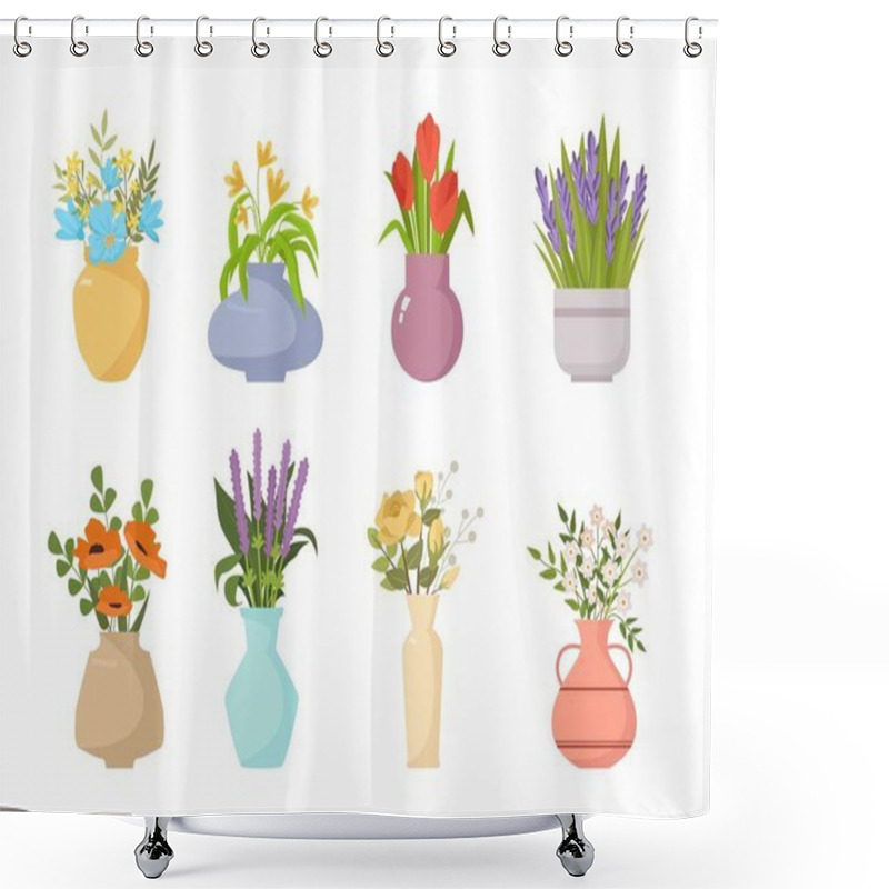 Personality  Vase Flowers. Plants Decoration Beautiful Flowers In Pots Or Bottles With Water Blooming Herbs Tulip Buds. Vector Cartoon Picture Isolated On White Shower Curtains