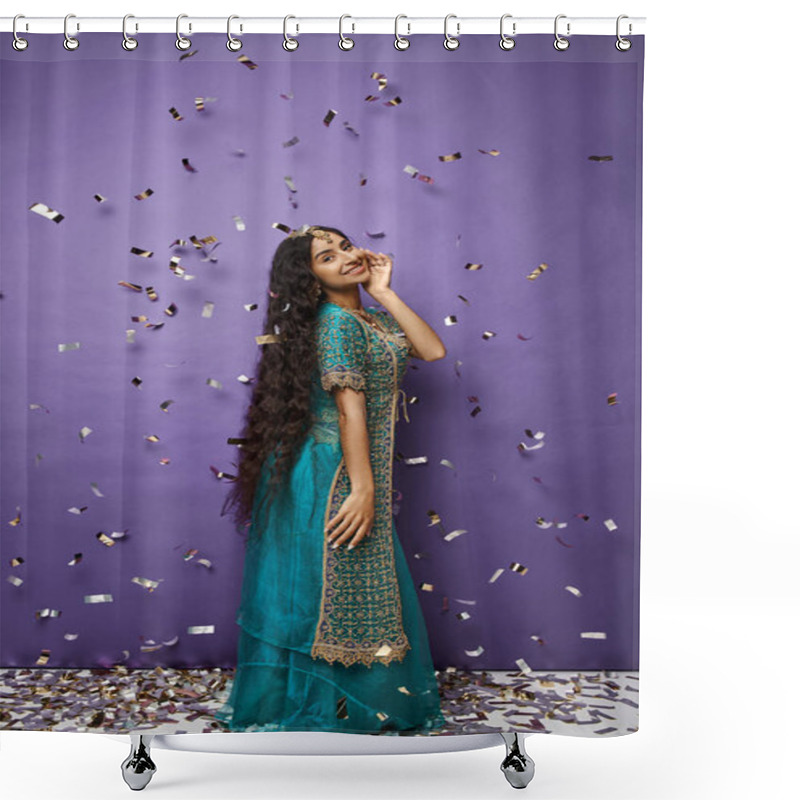 Personality  Attractive Cheerful Indian Woman In Blue Sari Posing Under Confetti Rain On Purple Background Shower Curtains