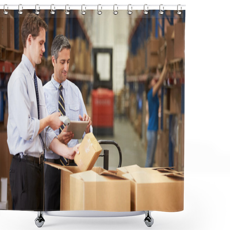 Personality  Businessmen Checking Boxes With Digital Tablet And Scanner Shower Curtains