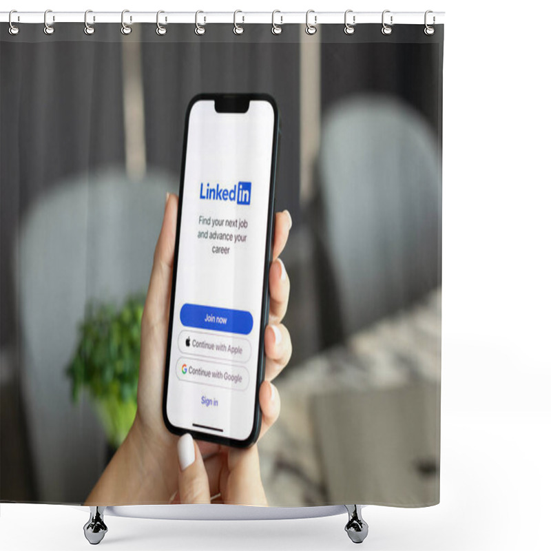 Personality  Alanya, Turkey - October 24, 2023: Woman Hand Holding IPhone 14 And Macbook Pro 16 With App LinkedIn On The Screen. Shower Curtains