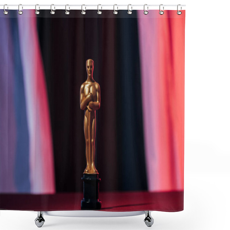 Personality  KYIV, UKRAINE - JANUARY 10, 2019: Selective Focus Of Golden Oscar Award On Dark Background Shower Curtains