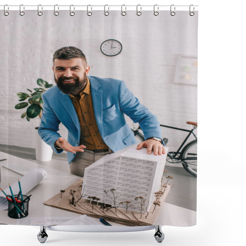 Personality  Smiling Adult Male Architect In Formal Wear Pointing On House Model And Working On Project In Office Shower Curtains