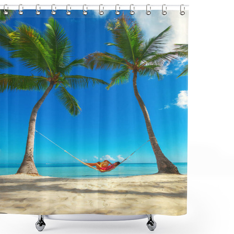 Personality  Young Girl Resting In A Hammock Under Tall Palm Trees, Tropical Beach Shower Curtains