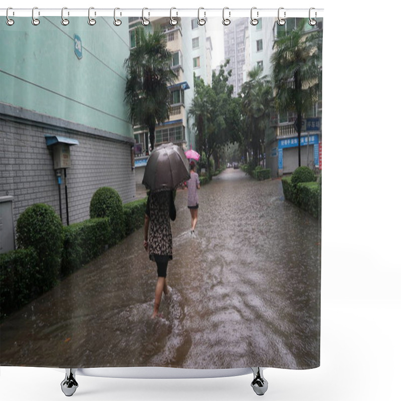 Personality  Local Residents Walk On A Flooded Road Caused By A Heavy Rain In Mianyang City, Southwest China's Sichuan Province, 5 July 2017 Shower Curtains