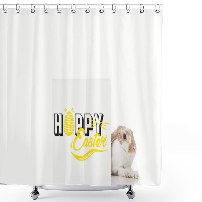 Personality  Cute Bunny Near Board With Happy Easter Illustration Isolated On White Shower Curtains