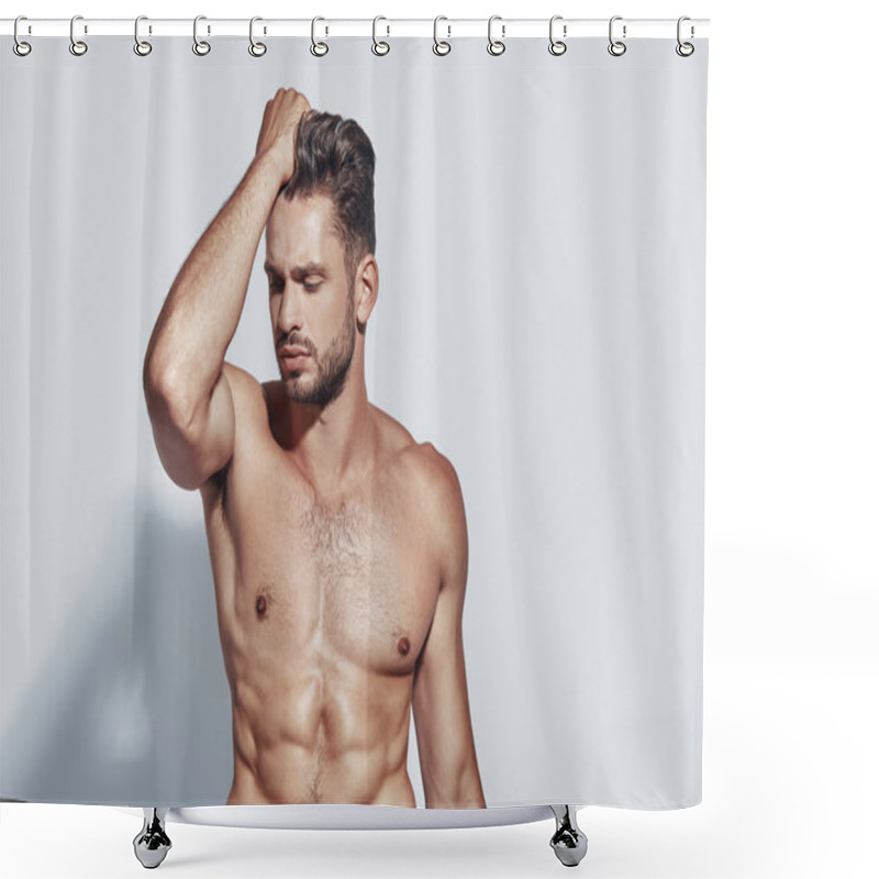 Personality  Handsome Young Shirtless Man Posing While Standing Against Grey Background Shower Curtains