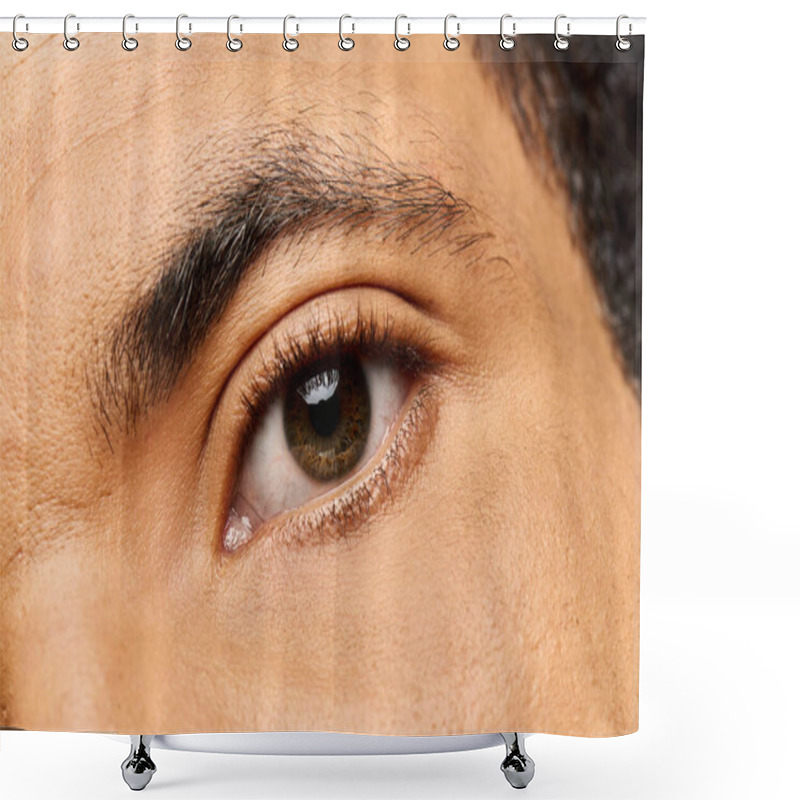 Personality  Handsome Man Captures Attention With His Mesmerizing Gaze And Attractive Features In Soft Light. Shower Curtains